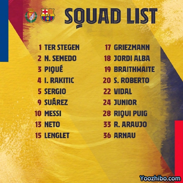 巴萨vs巴拉多利德大名单：梅西领衔锋线 阿图尔缺阵！