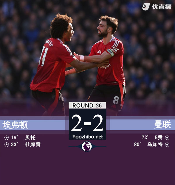曼联2-2战平埃弗顿 B费任意球破门乌加特凌空斩