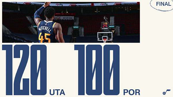 NBA简报：爵士120-100击败开拓者 戈贝尔20+17