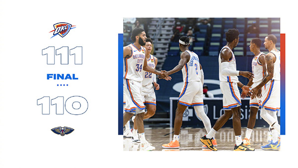 雷霆111-110险胜鹈鹕 贝兹利20+12 锡安29+6
