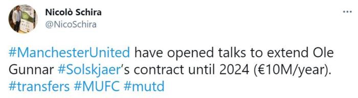 记者：曼联想和索帅续约3年，年薪1000万欧