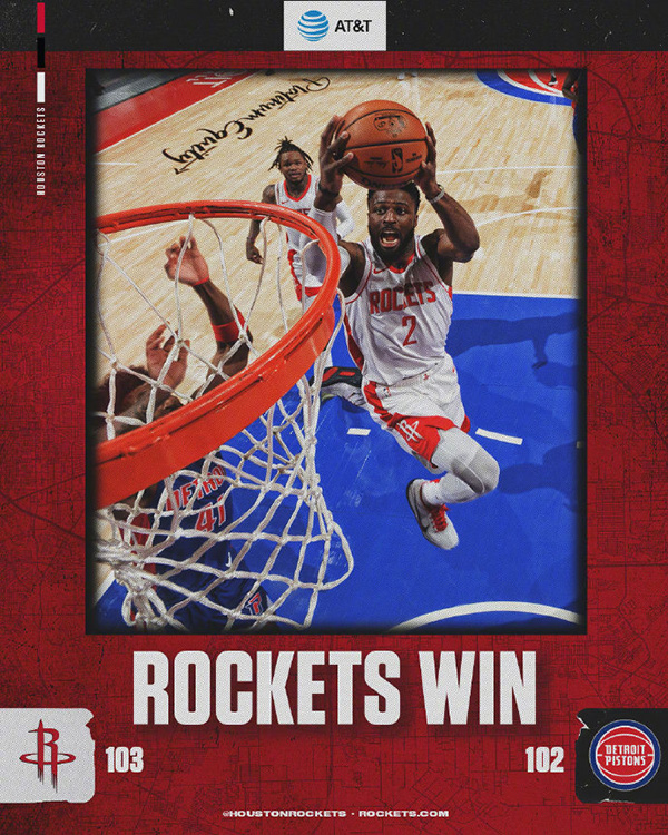 火箭103-102险胜活塞 戈登20分 格兰特绝杀超时