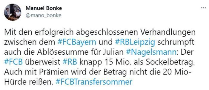 记者: 拜仁为纳帅支付的违约金不会超过2000万