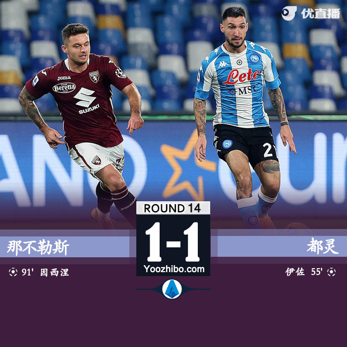意甲简报：那不勒斯1-1都灵 伊佐凌空斩因西涅补时扳平