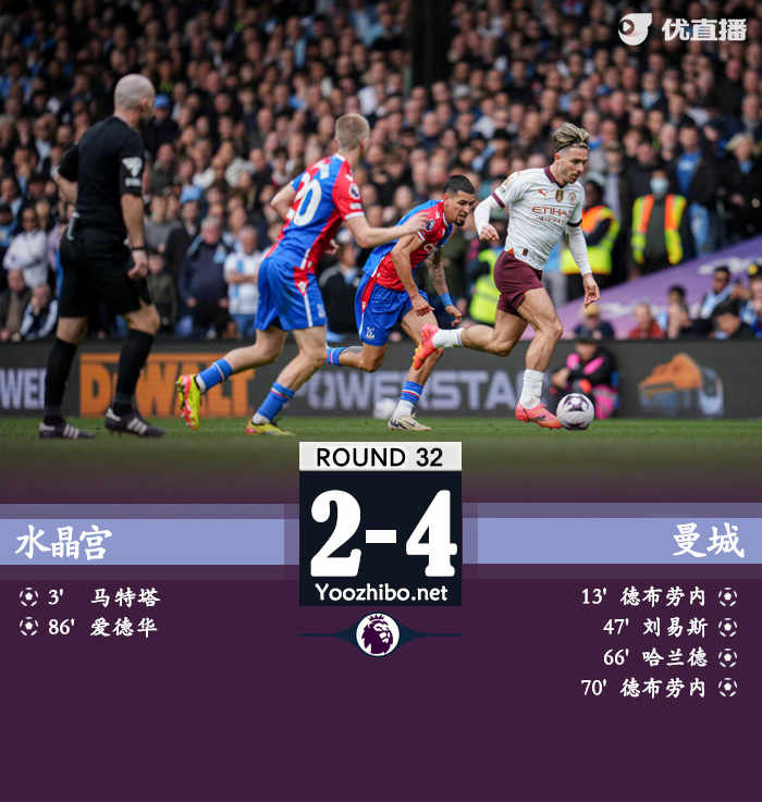 曼城4-2水晶宫 格拉利什独造4球德布劳内2射1传