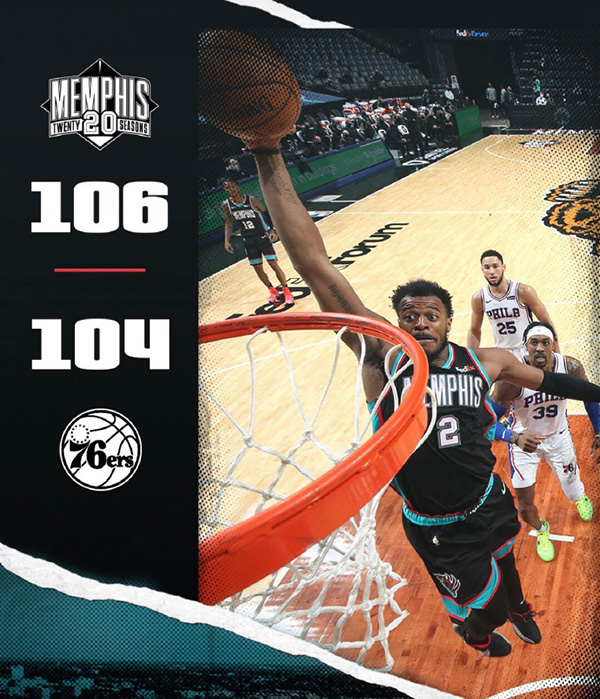 灰熊106-104险胜76人 莫兰特17+6 西蒙斯11+16+9