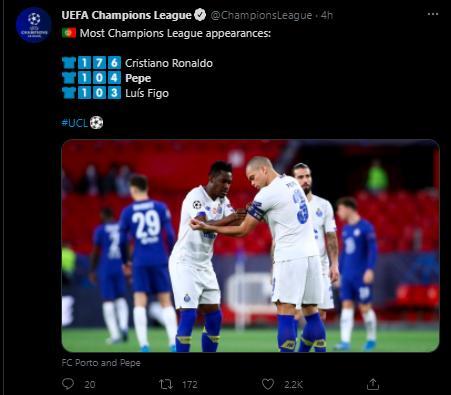 104场！佩佩超越菲戈成为葡萄牙欧冠出场第二人