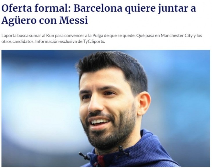 阿根廷媒体Tyc：巴萨已正式向阿圭罗提出报价