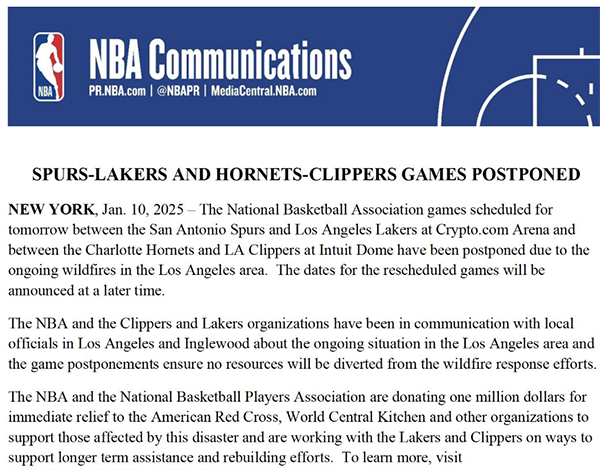 紧急！湖人马刺、快船黄蜂比赛延期，NBA 百万捐款助力抗山火