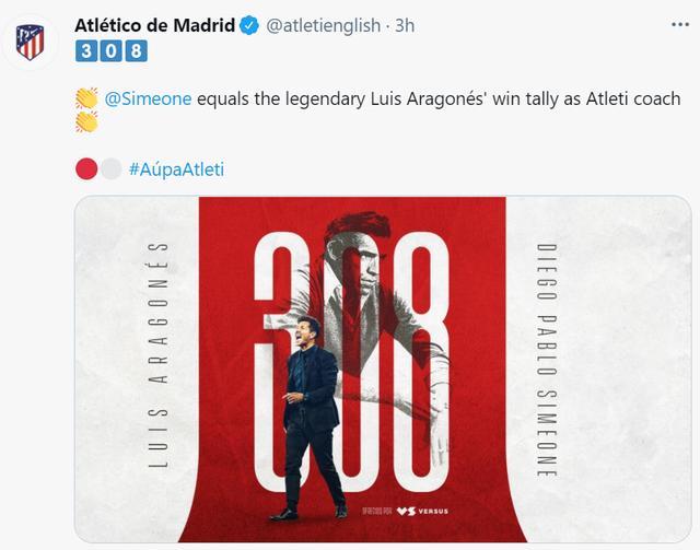 西蒙尼马竞胜场追平传奇教头，并列队史胜场第一