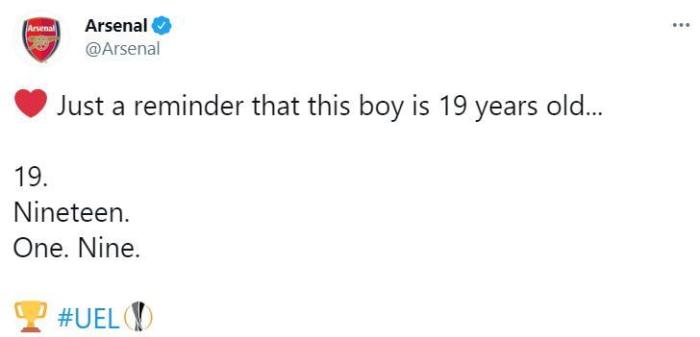 阿森纳官推吹萨卡: 提醒一下, 他只有19岁哦