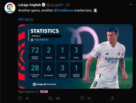 官方：克罗斯当选国家德比全场最佳