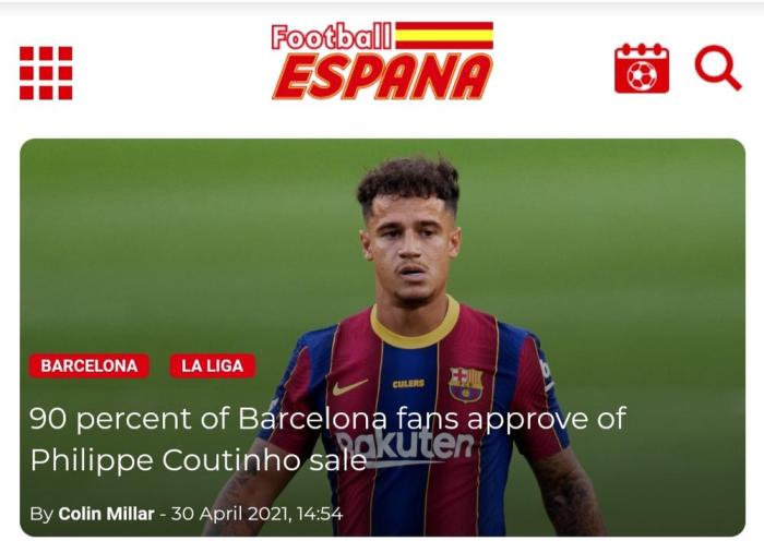 民意! 近90%巴萨球迷赞成将库蒂尼奥交易