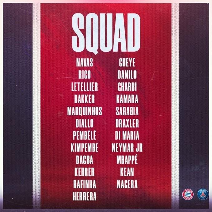 巴黎vs拜仁大名单: 内马尔、姆巴佩领衔