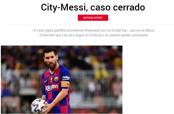 每体: 曼城已经放弃引进梅西