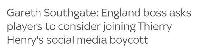 索斯盖特: 所有球员都应考虑学亨利关闭社媒