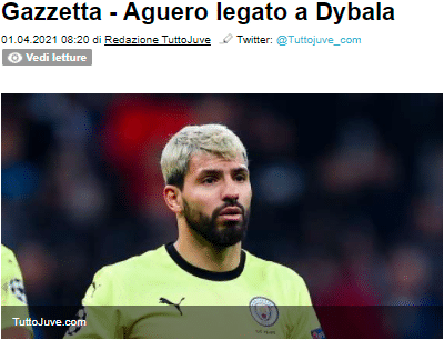 米体: 尤文引进阿圭罗, 取决于能否成功出售迪巴拉