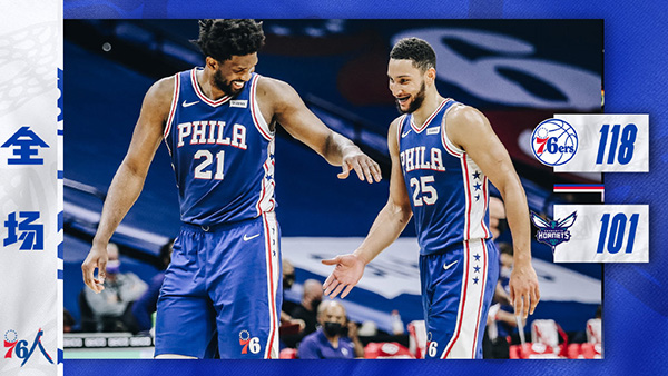 76人118-101轻取黄蜂 恩比德携哈里斯合砍36分16板
