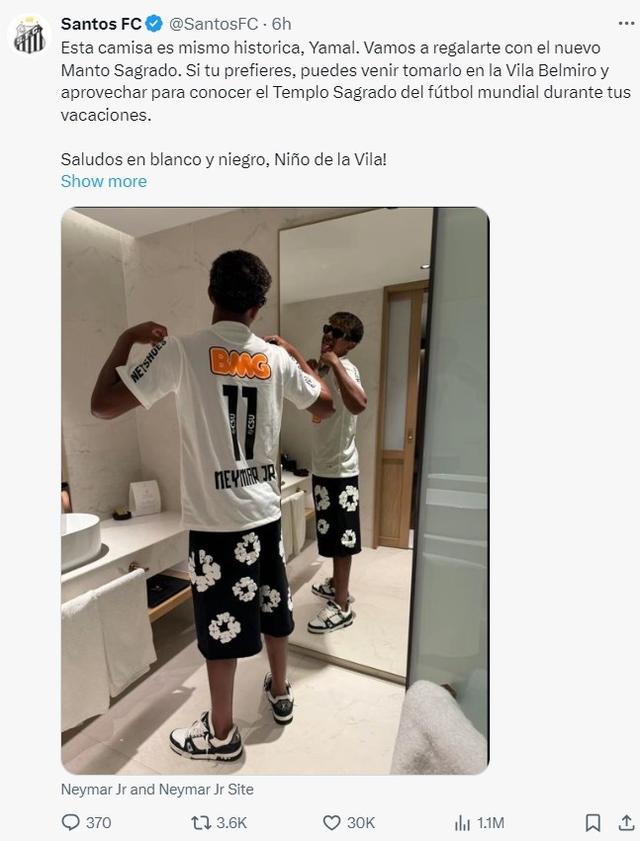 亚马尔穿内马尔旧球衣，桑托斯官方：给你新的