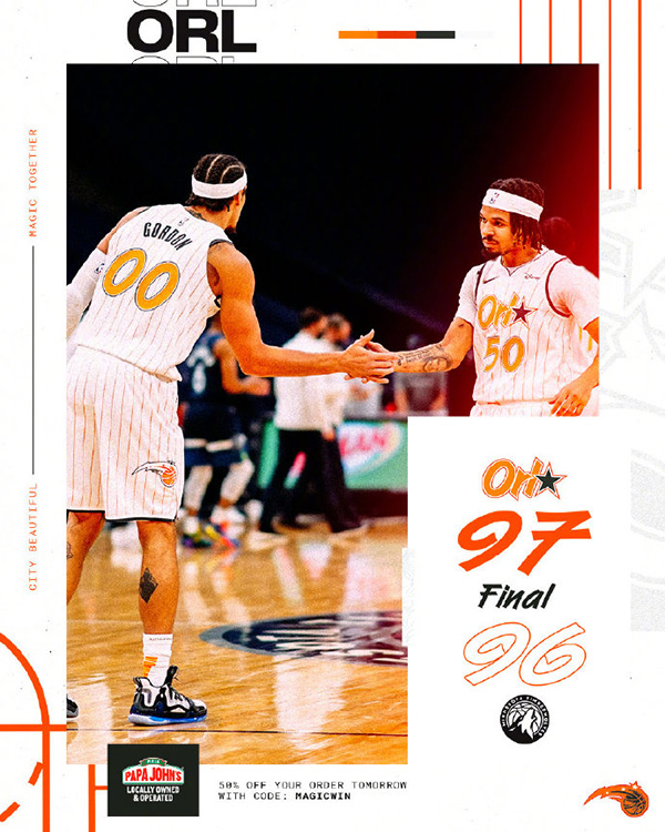 魔术97-96险胜森林狼 新秀安东尼绝杀 武切维奇28+8