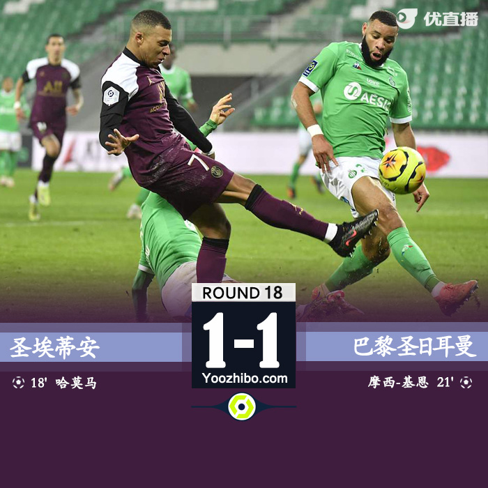 巴黎圣日耳曼1-1客平圣埃蒂安 基恩建功波帅首秀