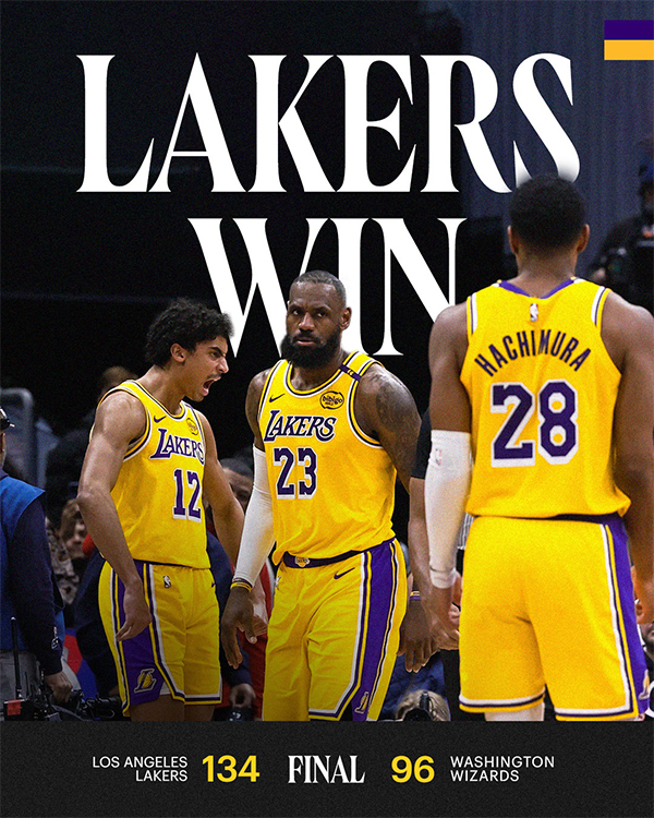 34-96！湖人痛击联盟倒数第一，布朗尼闪耀老詹欢呼