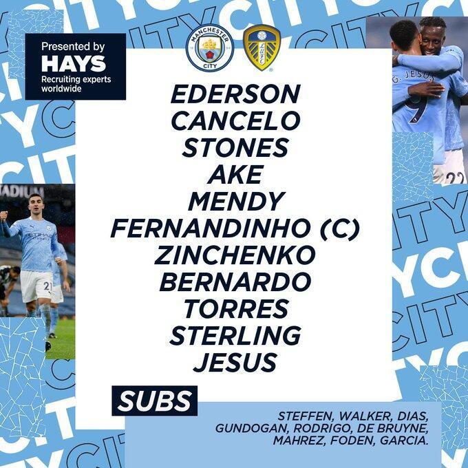 曼城vs利兹联首发：热苏斯领衔锋线 京多安德布劳内替补