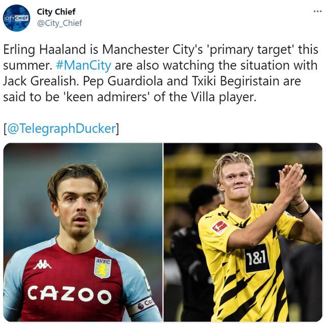 英媒：曼城今夏将求购哈兰德，砸1亿镑签格拉利什