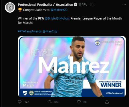 官方：马赫雷斯当选PFA英超3月最佳球员
