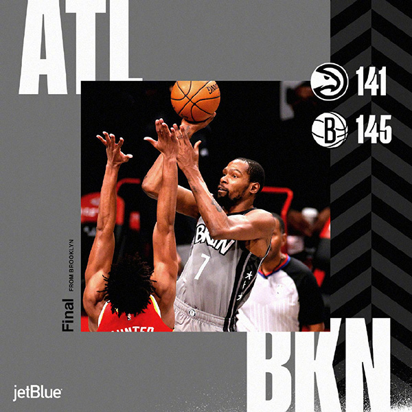 NBA简报：篮网145-141击败老鹰 杜兰特33+11+8