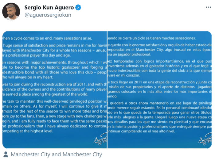 阿圭罗告别信: 热爱曼城的人们将永远在我心中