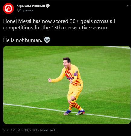 里程碑！梅西已经连续13个赛季进球数超30粒