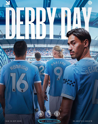 曼城晒德比大战海报：哈兰德、罗德里、赖因德斯步入伊蒂哈德