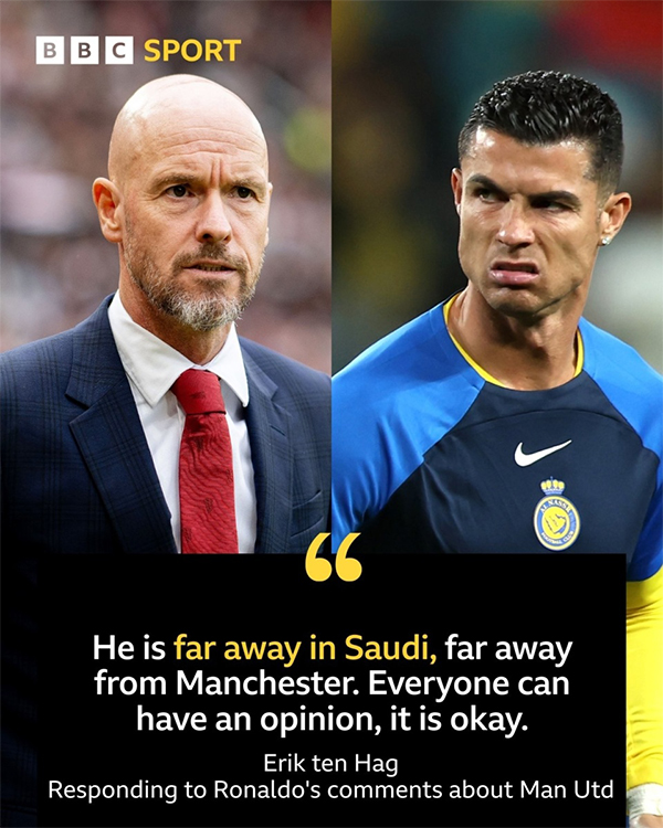 C罗称曼联无法夺冠，滕哈格霸气回应：远在沙特，无关痛痒