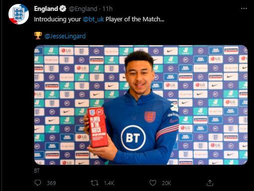 官方：林加德当选与圣马力诺一战全场最佳球员