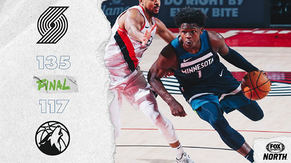 开拓者135-117大胜森林狼 利拉德39+7+7 爱德华兹26分