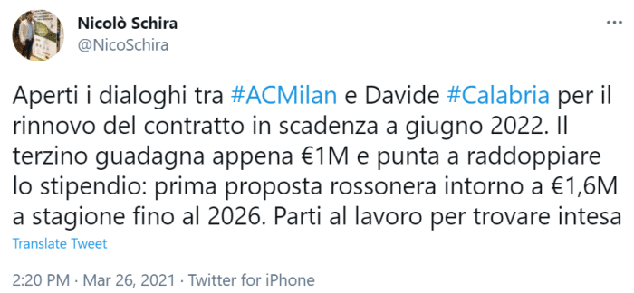 记者: 米兰为卡拉布里亚开新合同, 年薪160万欧