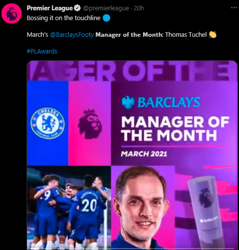 官方: 图赫尔当选英超三月最佳教练