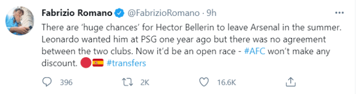 罗马诺: 贝莱林很可能今夏离队, 阿森纳不会降价