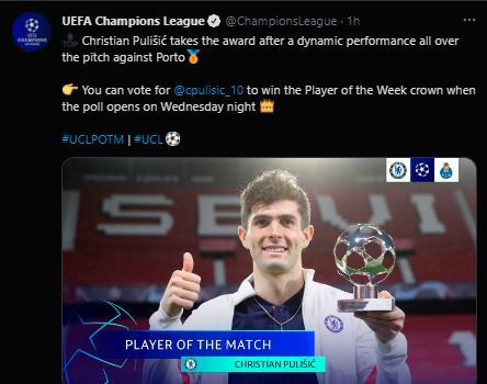 官方：普利西奇当选为切尔西vs波尔图最佳球员