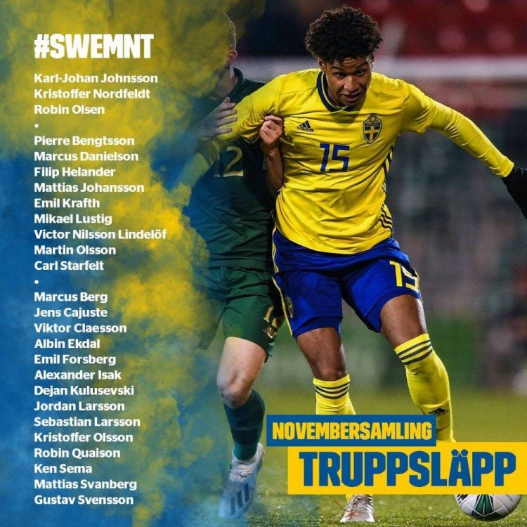 瑞典男足最新一期大名单：林德洛夫等英超3将领衔！