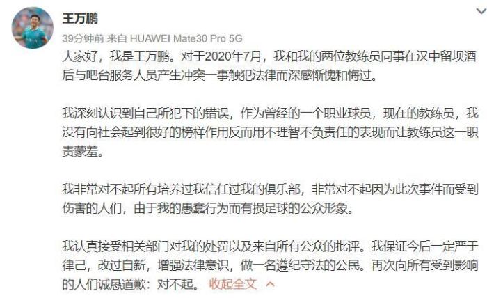 因殴打他人获刑, 前国脚王万鹏发文道歉