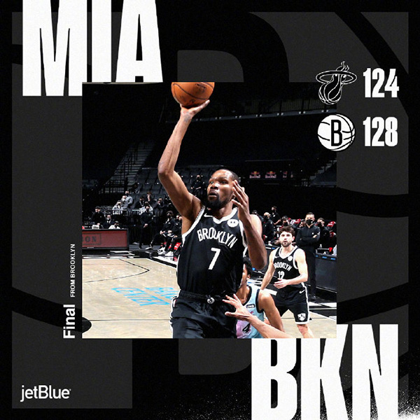 篮网128-124扑灭热火 杜兰特31分 欧文28+6+7