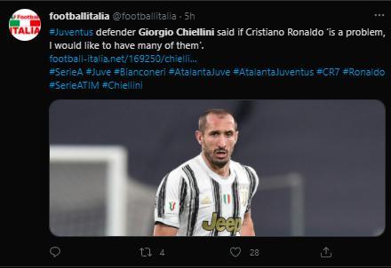 基耶利尼：如果C罗是球队的问题，那问题越多越好