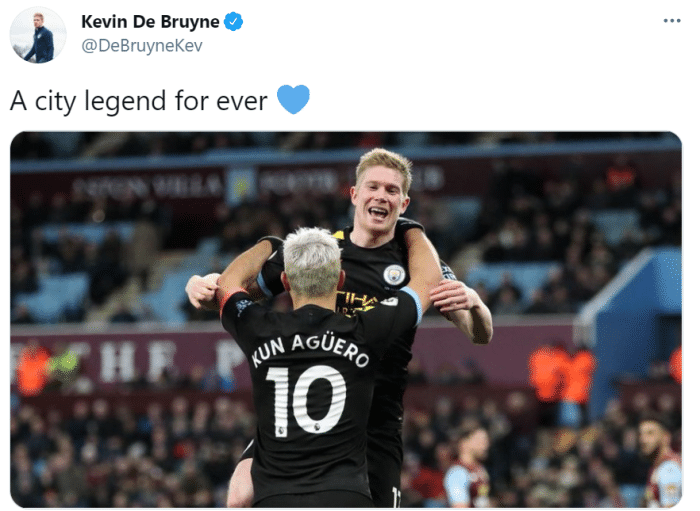 德布劳内致敬阿圭罗: 永远的曼城传奇