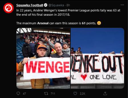 本赛季阿森纳最多拿61分，不及温格最低的63分