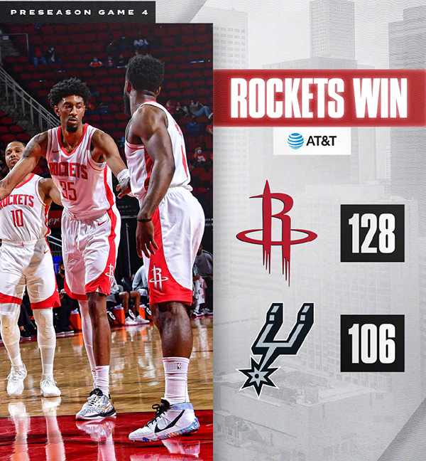 NBA简报：火箭128-106轻取马刺 哈登20+9+7伍德首秀惊艳