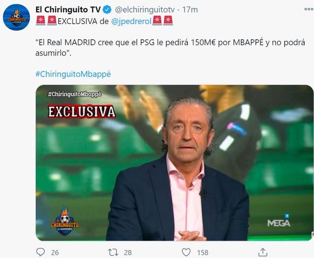 六台：皇马想买姆巴佩，但无力承担1.5亿欧费用