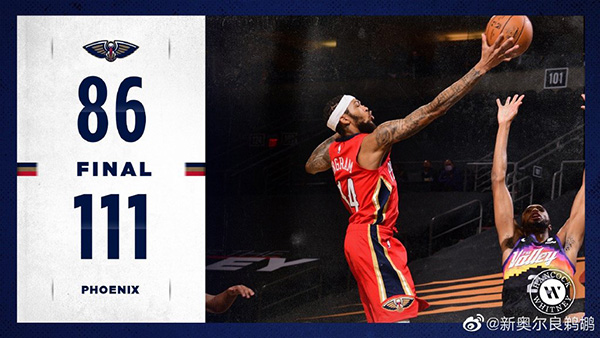 NBA简报：太阳111-86大胜鹈鹕 太阳6人上双