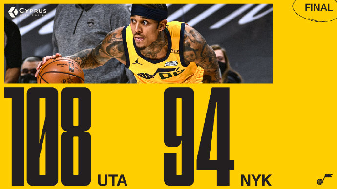 爵士108-94逆转尼克斯 戈贝尔18+19 里弗斯25分